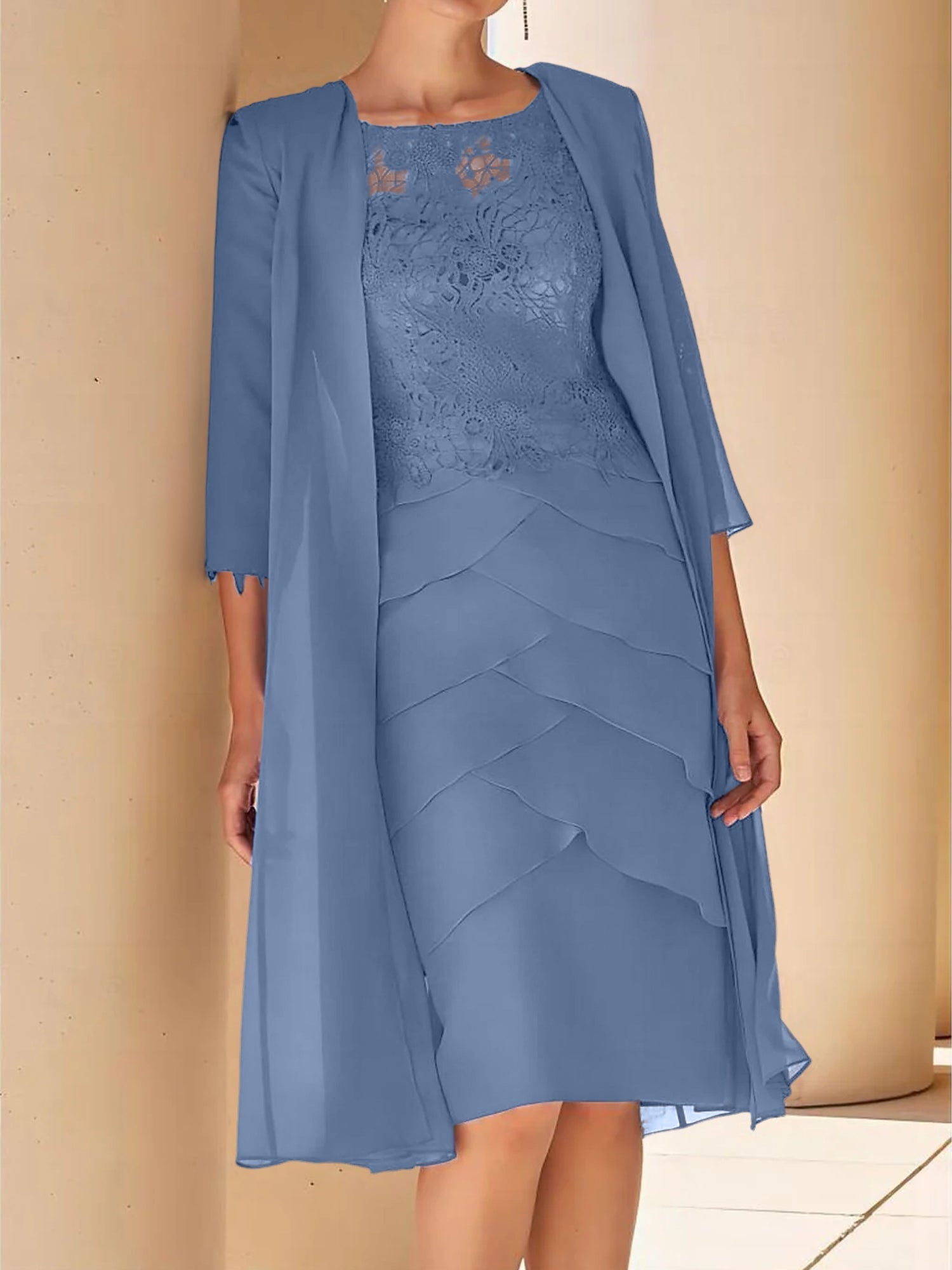 Sheath Column Jewel Neck Short Sleeves Knee Length Mother Of The Bride Dresses With Lace