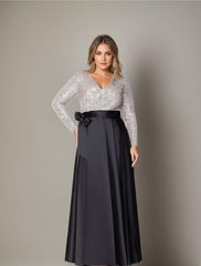 A Line Princess V Neck Long Sleeves Floor Length Plus Size Mother Of The Bride Dresses With Pocket Sequins
