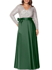 A Line Princess V Neck Long Sleeves Floor Length Plus Size Mother Of The Bride Dresses With Pocket Sequins