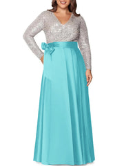 A Line Princess V Neck Long Sleeves Floor Length Plus Size Mother Of The Bride Dresses With Pocket Sequins