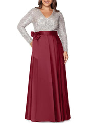 A Line Princess V Neck Long Sleeves Floor Length Plus Size Mother Of The Bride Dresses With Pocket Sequins