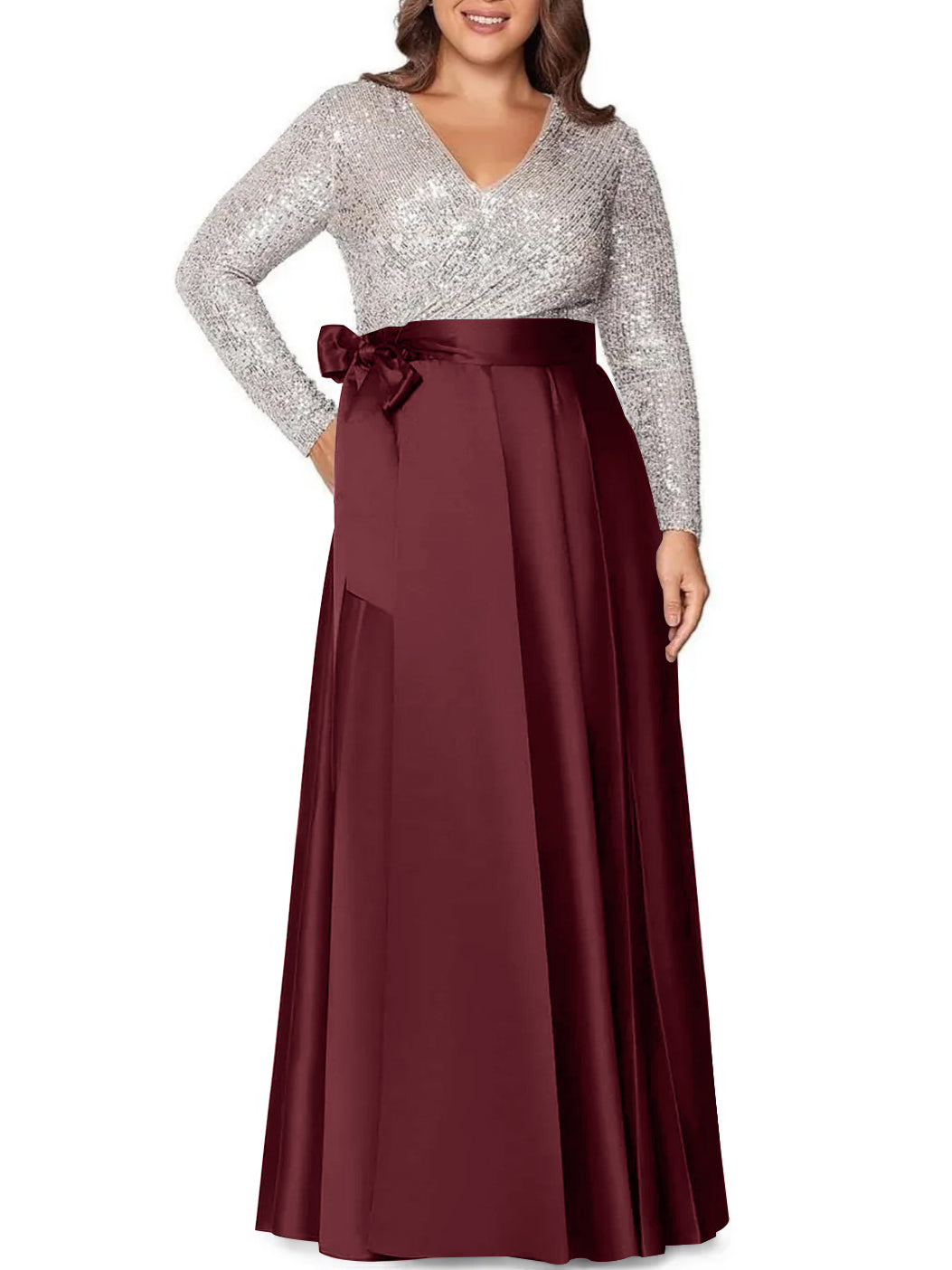 A Line Princess V Neck Long Sleeves Floor Length Plus Size Mother Of The Bride Dresses With Pocket Sequins