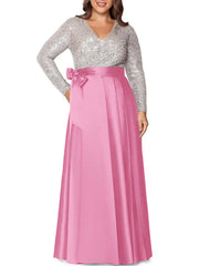 A Line Princess V Neck Long Sleeves Floor Length Plus Size Mother Of The Bride Dresses With Pocket Sequins