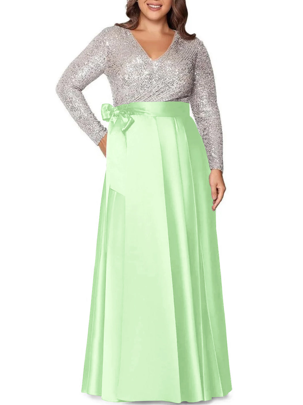 A Line Princess V Neck Long Sleeves Floor Length Plus Size Mother Of The Bride Dresses With Pocket Sequins