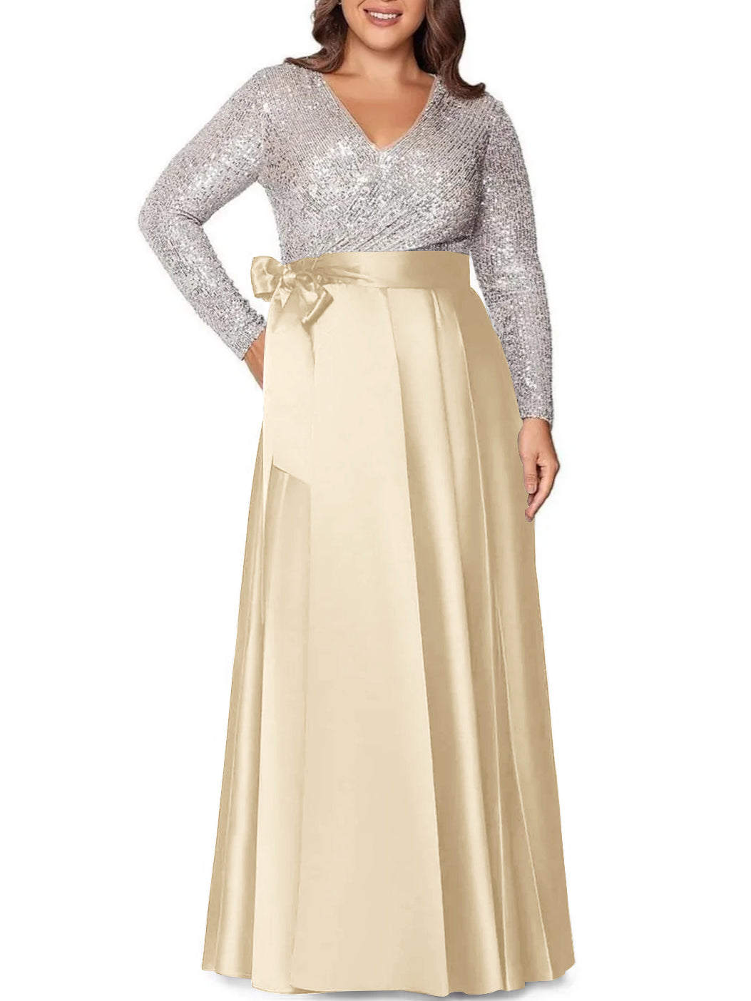A Line Princess V Neck Long Sleeves Floor Length Plus Size Mother Of The Bride Dresses With Pocket Sequins