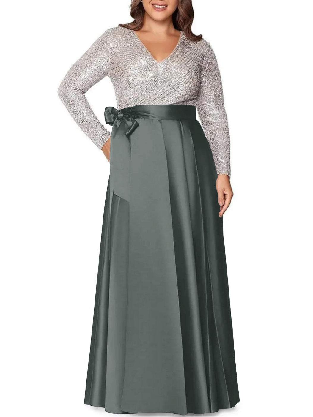 A Line Princess V Neck Long Sleeves Floor Length Plus Size Mother Of The Bride Dresses With Pocket Sequins