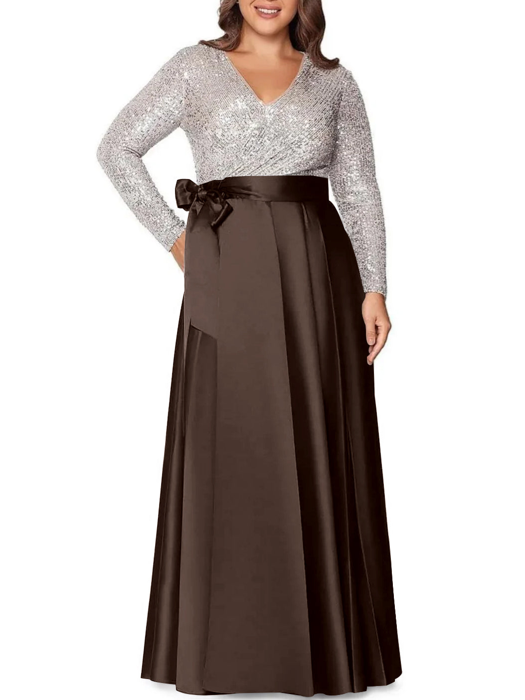 A Line Princess V Neck Long Sleeves Floor Length Plus Size Mother Of The Bride Dresses With Pocket Sequins