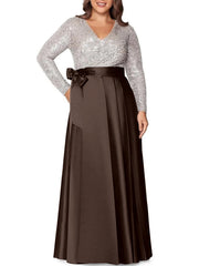 A Line Princess V Neck Long Sleeves Floor Length Plus Size Mother Of The Bride Dresses With Pocket Sequins