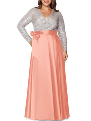 A Line Princess V Neck Long Sleeves Floor Length Plus Size Mother Of The Bride Dresses With Pocket Sequins