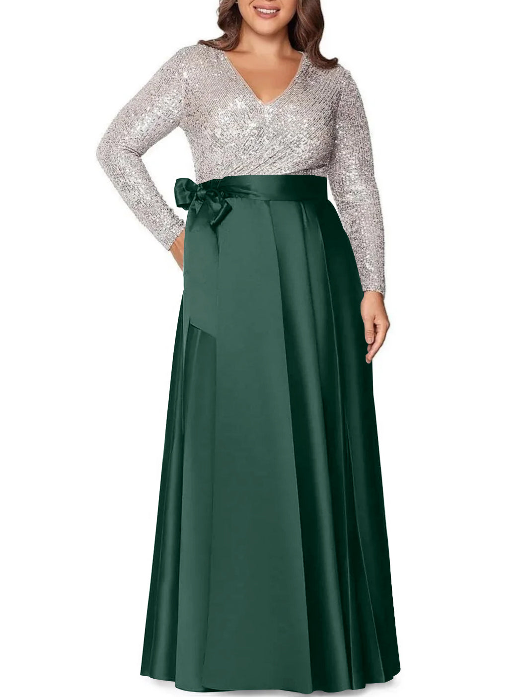 A Line Princess V Neck Long Sleeves Floor Length Plus Size Mother Of The Bride Dresses With Pocket Sequins