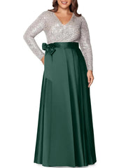 A Line Princess V Neck Long Sleeves Floor Length Plus Size Mother Of The Bride Dresses With Pocket Sequins