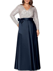 A Line Princess V Neck Long Sleeves Floor Length Plus Size Mother Of The Bride Dresses With Pocket Sequins