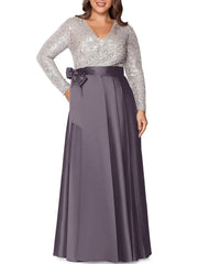 A Line Princess V Neck Long Sleeves Floor Length Plus Size Mother Of The Bride Dresses With Pocket Sequins