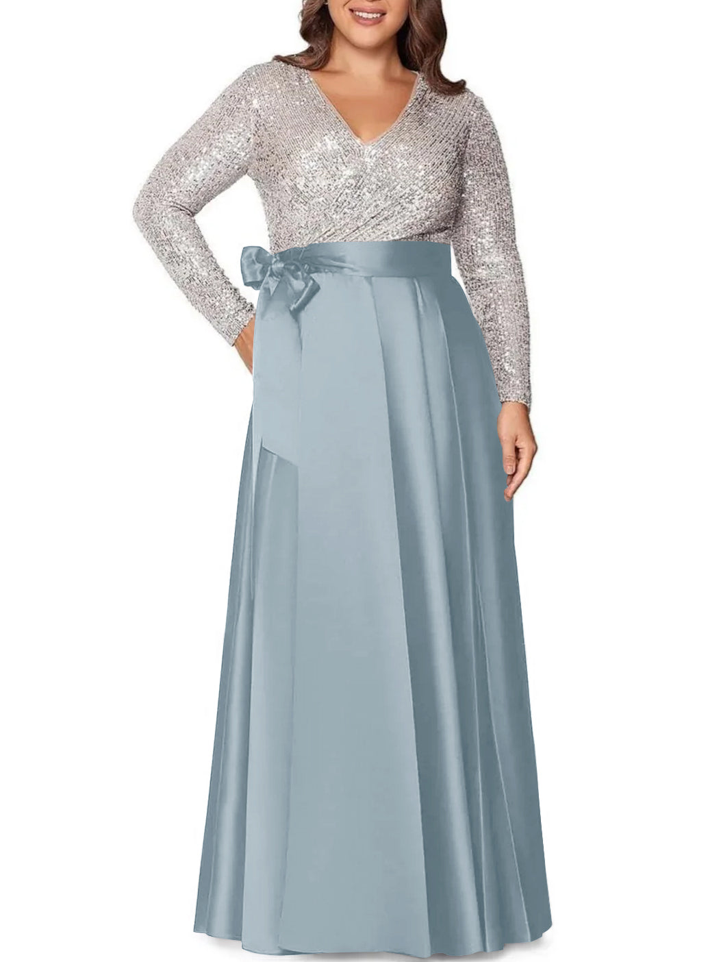 A Line Princess V Neck Long Sleeves Floor Length Plus Size Mother Of The Bride Dresses With Pocket Sequins