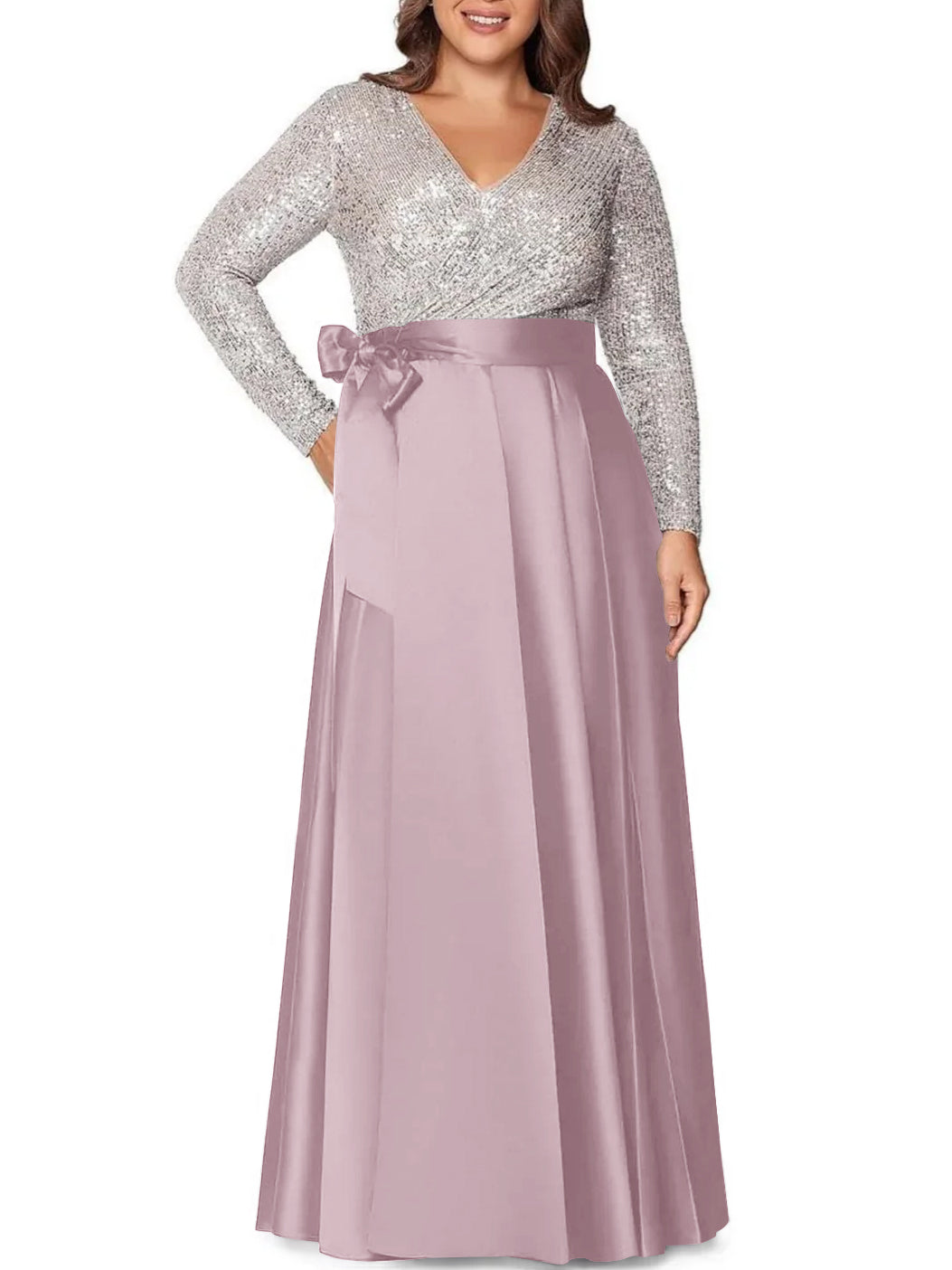 A Line Princess V Neck Long Sleeves Floor Length Plus Size Mother Of The Bride Dresses With Pocket Sequins