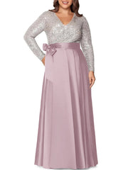 A Line Princess V Neck Long Sleeves Floor Length Plus Size Mother Of The Bride Dresses With Pocket Sequins