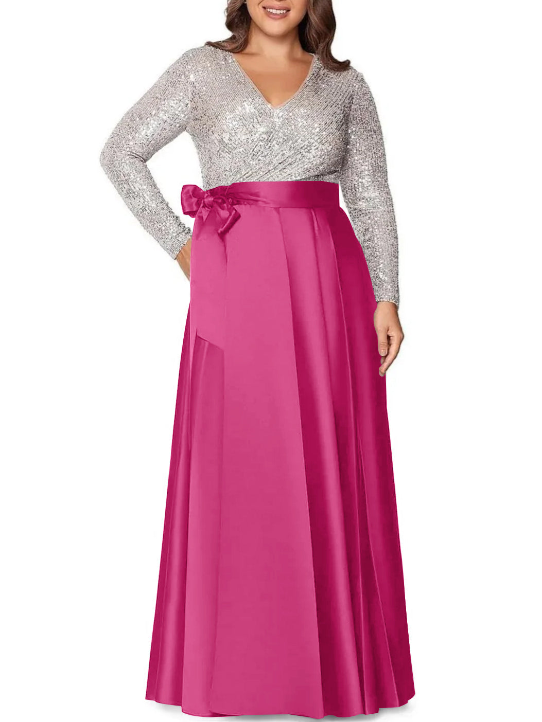 A Line Princess V Neck Long Sleeves Floor Length Plus Size Mother Of The Bride Dresses With Pocket Sequins