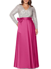A Line Princess V Neck Long Sleeves Floor Length Plus Size Mother Of The Bride Dresses With Pocket Sequins