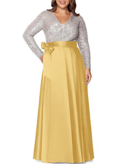 A Line Princess V Neck Long Sleeves Floor Length Plus Size Mother Of The Bride Dresses With Pocket Sequins