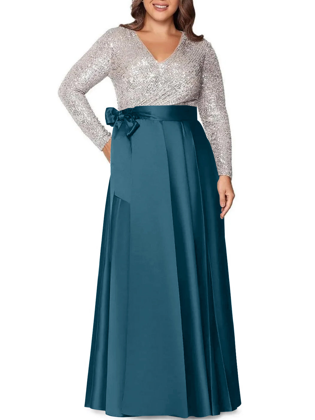 A Line Princess V Neck Long Sleeves Floor Length Plus Size Mother Of The Bride Dresses With Pocket Sequins