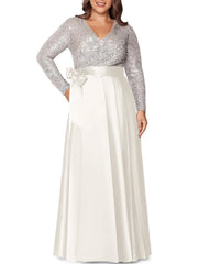 A Line Princess V Neck Long Sleeves Floor Length Plus Size Mother Of The Bride Dresses With Pocket Sequins