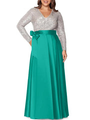 A Line Princess V Neck Long Sleeves Floor Length Plus Size Mother Of The Bride Dresses With Pocket Sequins