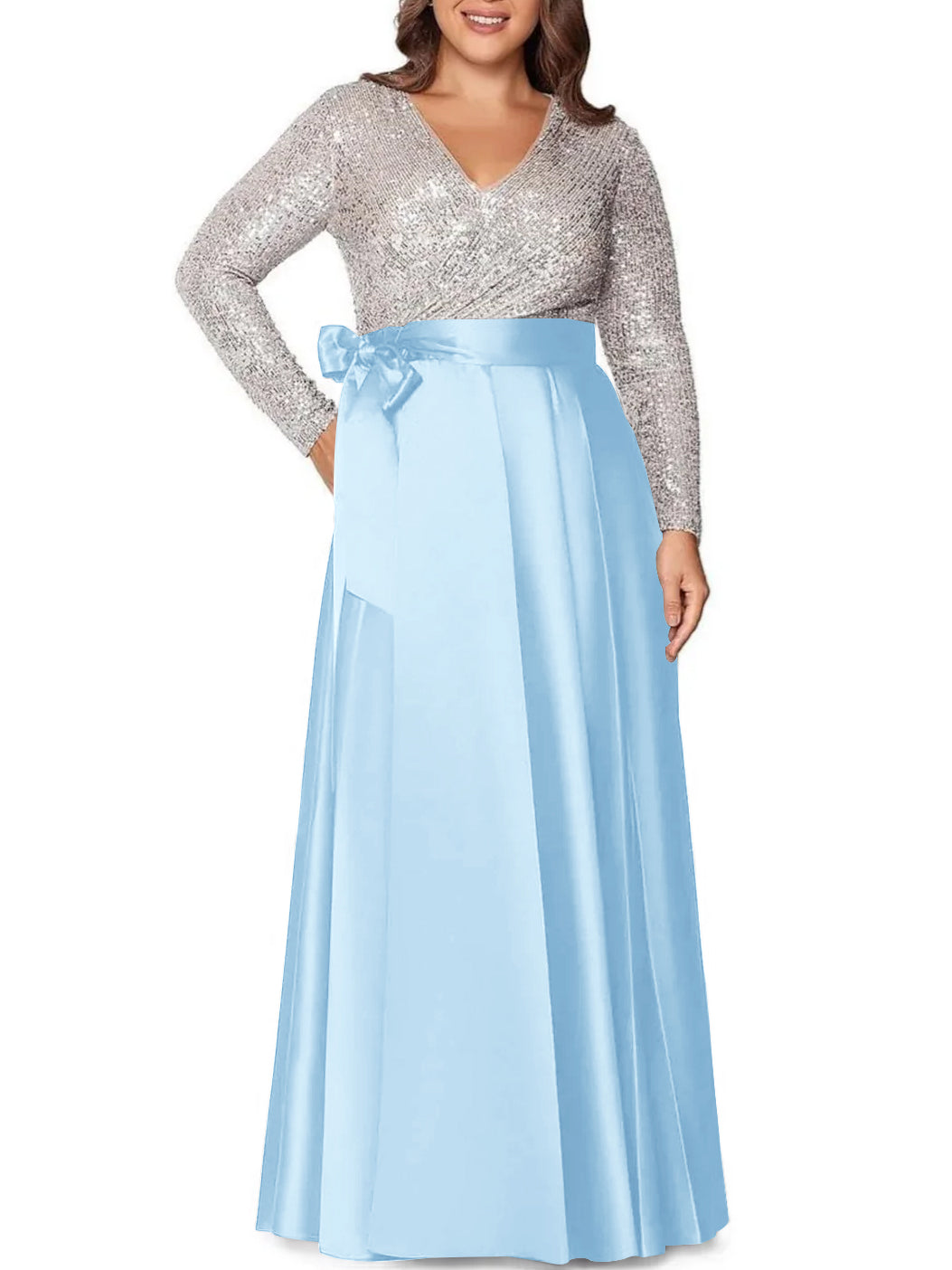 A Line Princess V Neck Long Sleeves Floor Length Plus Size Mother Of The Bride Dresses With Pocket Sequins