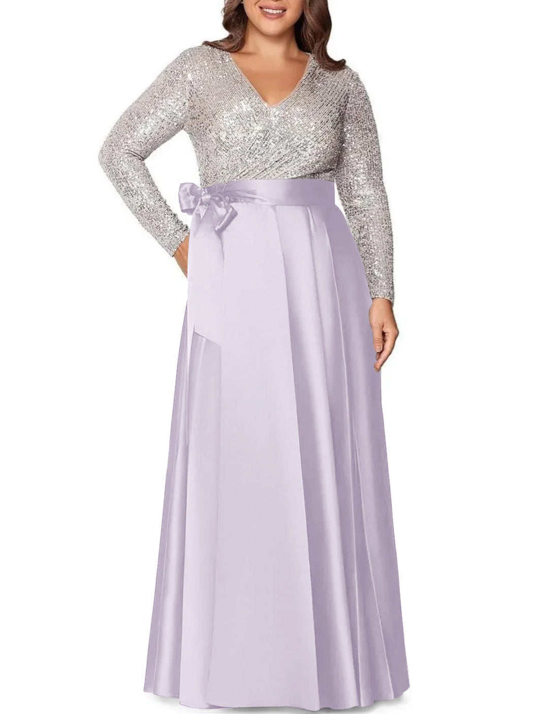 A Line Princess V Neck Long Sleeves Floor Length Plus Size Mother Of The Bride Dresses With Pocket Sequins