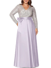 A Line Princess V Neck Long Sleeves Floor Length Plus Size Mother Of The Bride Dresses With Pocket Sequins