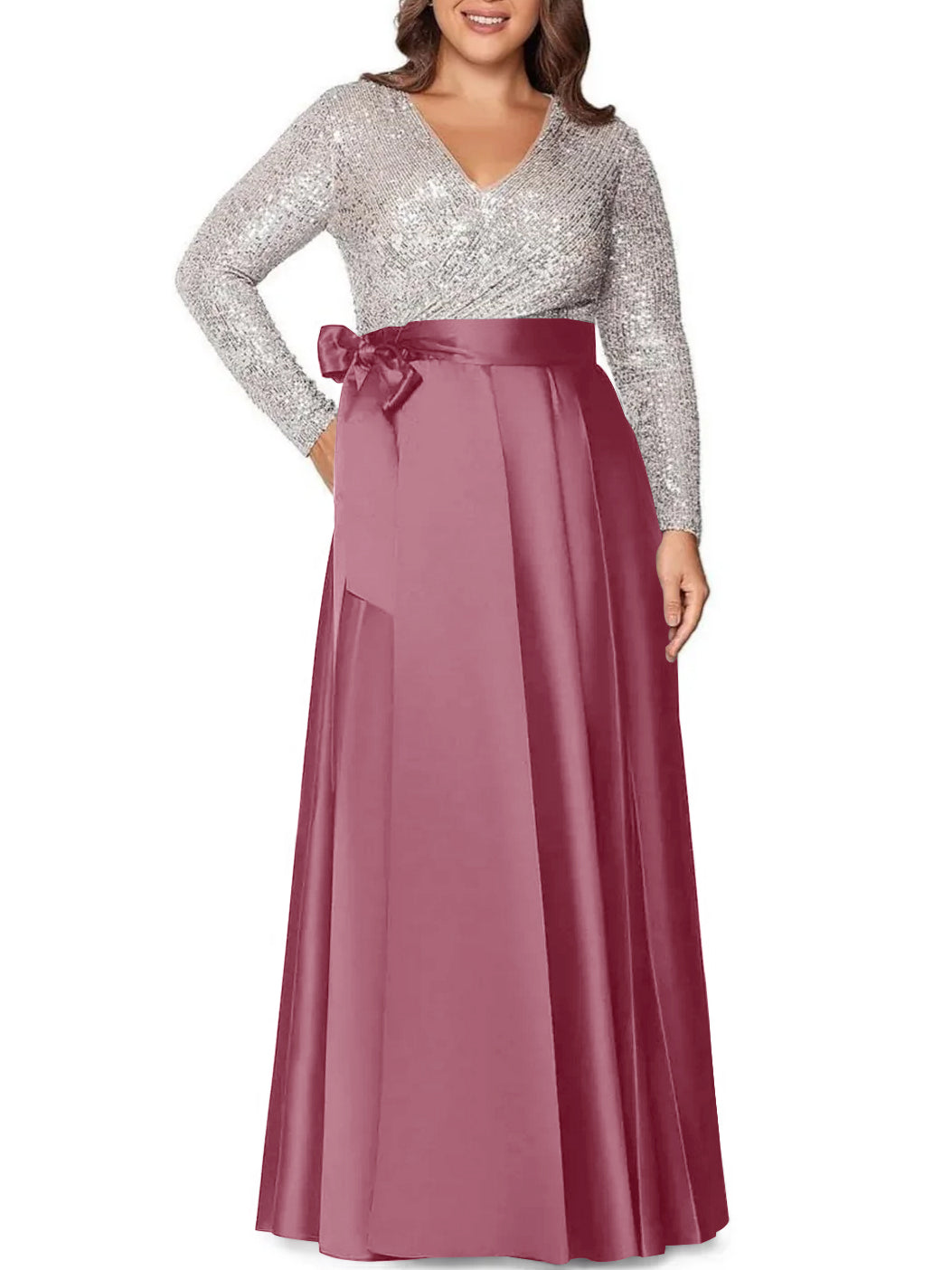 A Line Princess V Neck Long Sleeves Floor Length Plus Size Mother Of The Bride Dresses With Pocket Sequins