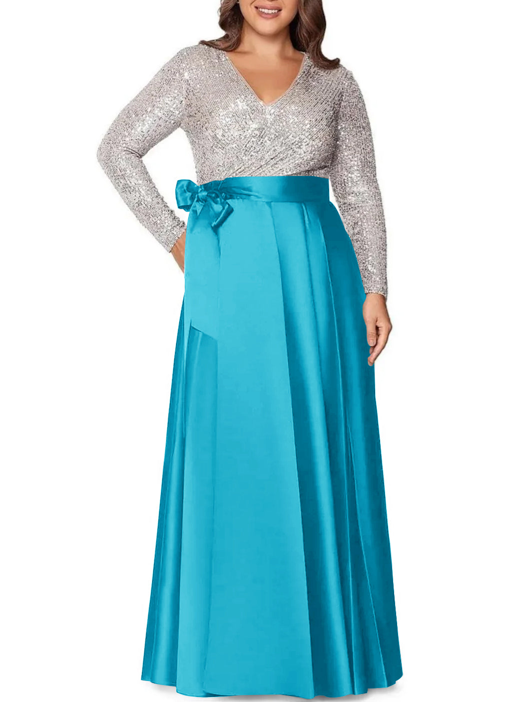 A Line Princess V Neck Long Sleeves Floor Length Plus Size Mother Of The Bride Dresses With Pocket Sequins