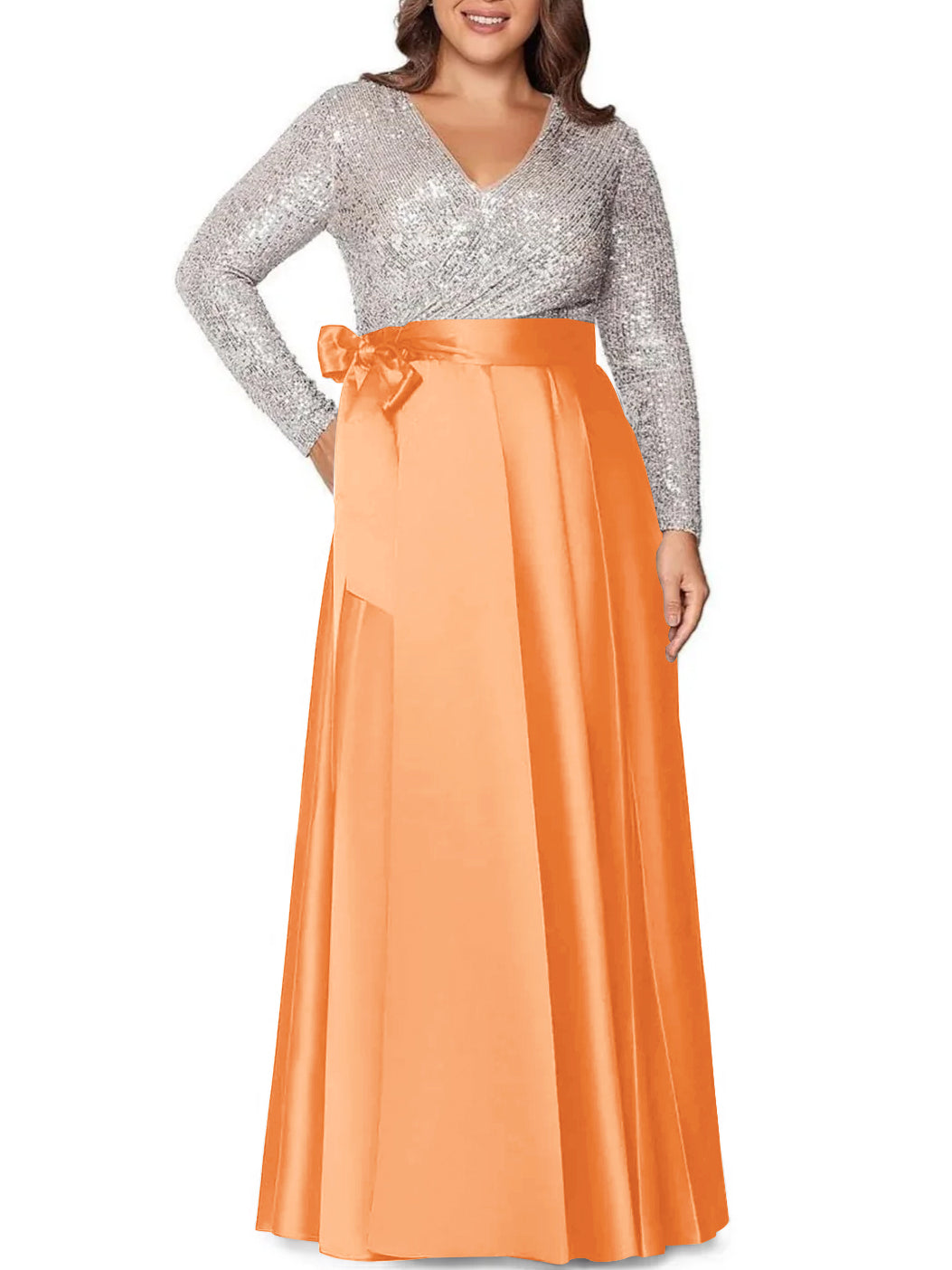 A Line Princess V Neck Long Sleeves Floor Length Plus Size Mother Of The Bride Dresses With Pocket Sequins
