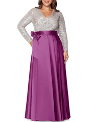 A Line Princess V Neck Long Sleeves Floor Length Plus Size Mother Of The Bride Dresses With Pocket Sequins