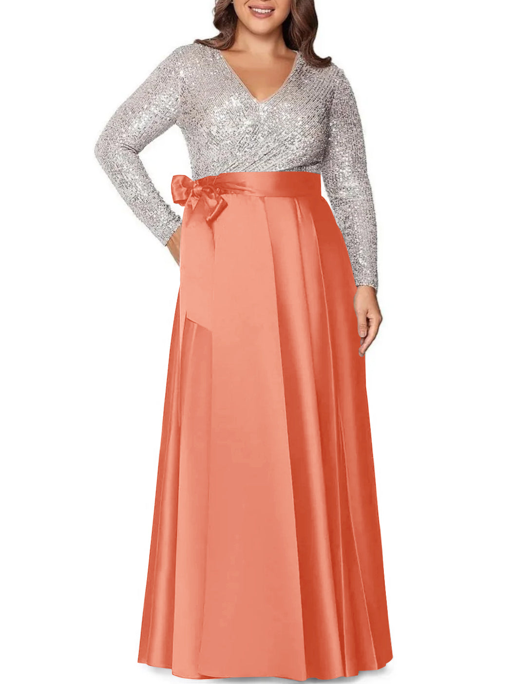 A Line Princess V Neck Long Sleeves Floor Length Plus Size Mother Of The Bride Dresses With Pocket Sequins