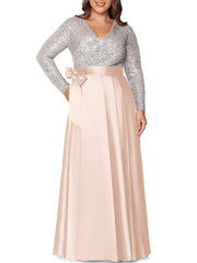 A Line Princess V Neck Long Sleeves Floor Length Plus Size Mother Of The Bride Dresses With Pocket Sequins