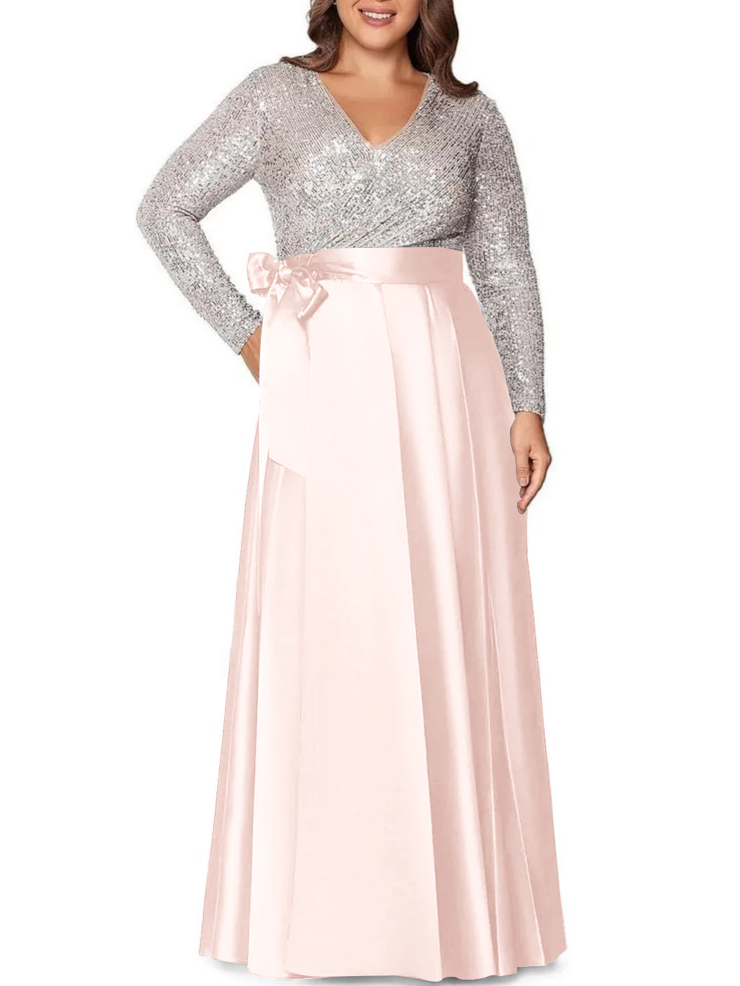 A Line Princess V Neck Long Sleeves Floor Length Plus Size Mother Of The Bride Dresses With Pocket Sequins