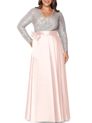 A Line Princess V Neck Long Sleeves Floor Length Plus Size Mother Of The Bride Dresses With Pocket Sequins