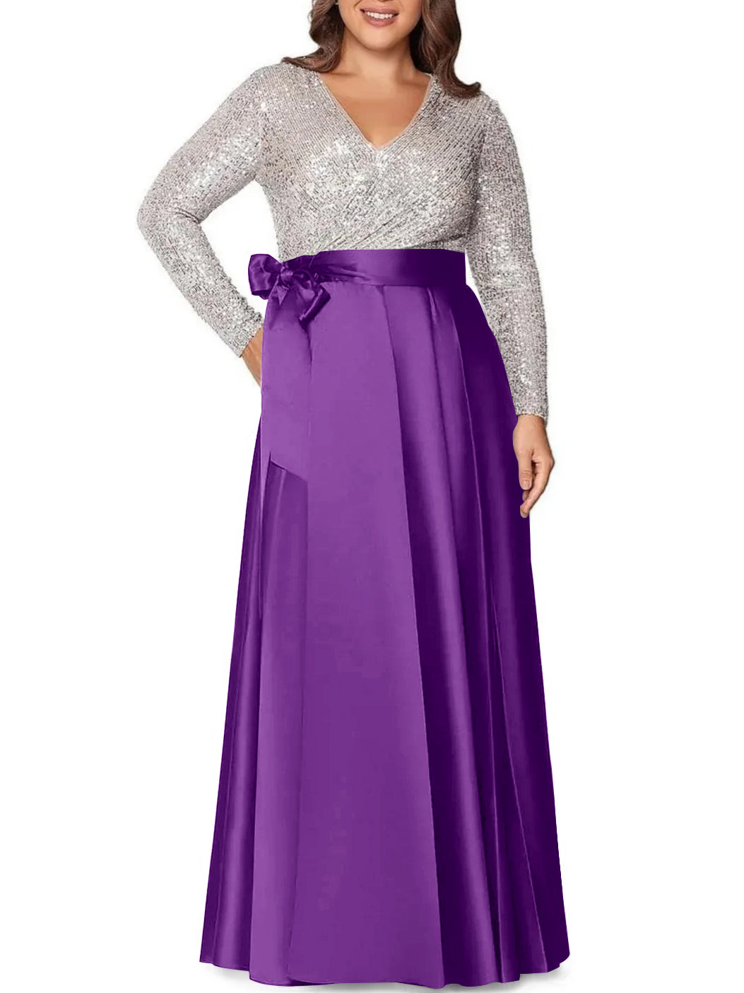 A Line Princess V Neck Long Sleeves Floor Length Plus Size Mother Of The Bride Dresses With Pocket Sequins