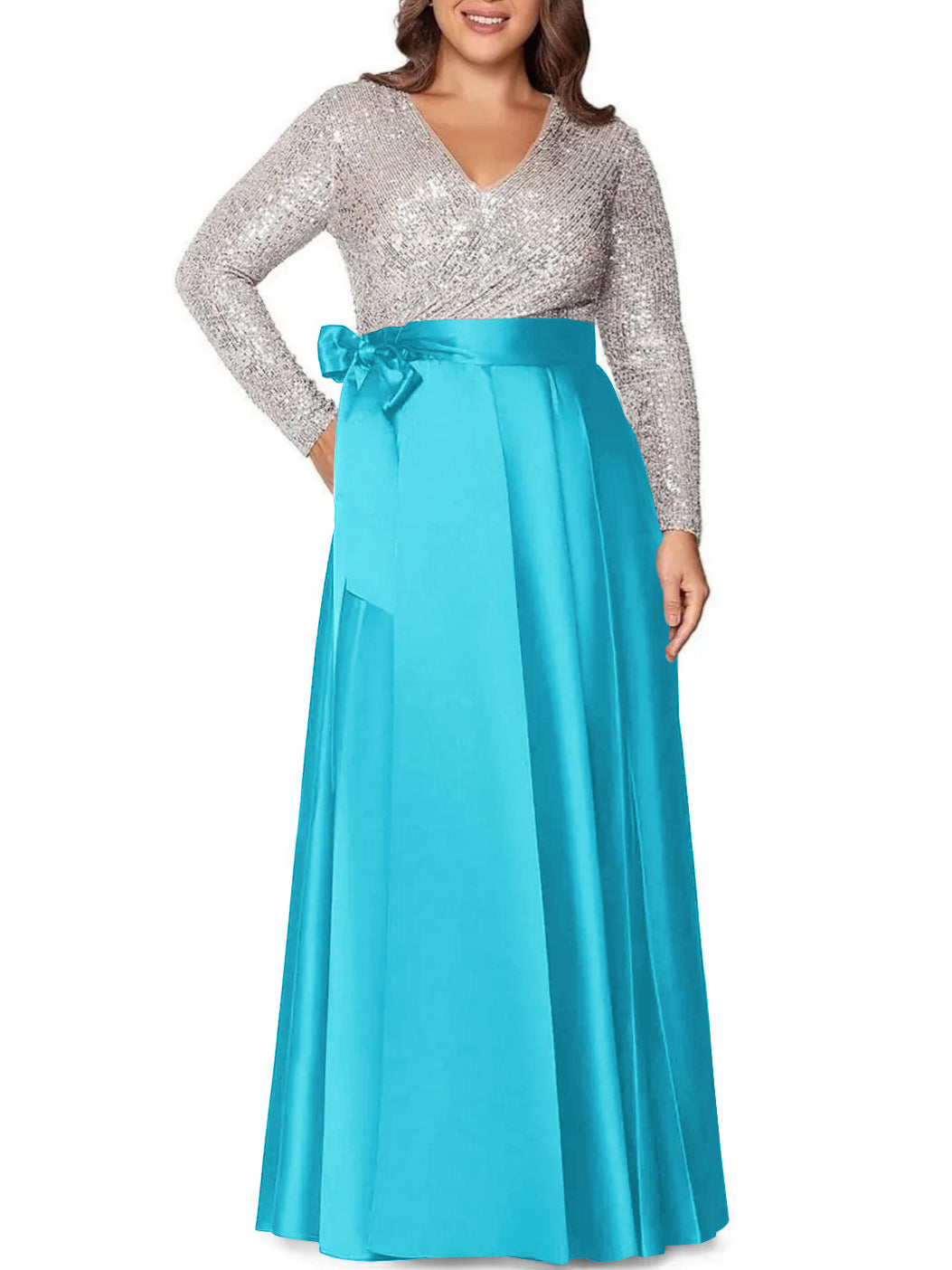 A Line Princess V Neck Long Sleeves Floor Length Plus Size Mother Of The Bride Dresses With Pocket Sequins
