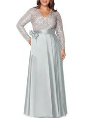 A Line Princess V Neck Long Sleeves Floor Length Plus Size Mother Of The Bride Dresses With Pocket Sequins