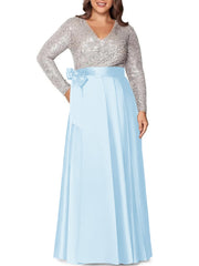 A Line Princess V Neck Long Sleeves Floor Length Plus Size Mother Of The Bride Dresses With Pocket Sequins