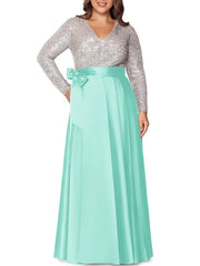 A Line Princess V Neck Long Sleeves Floor Length Plus Size Mother Of The Bride Dresses With Pocket Sequins