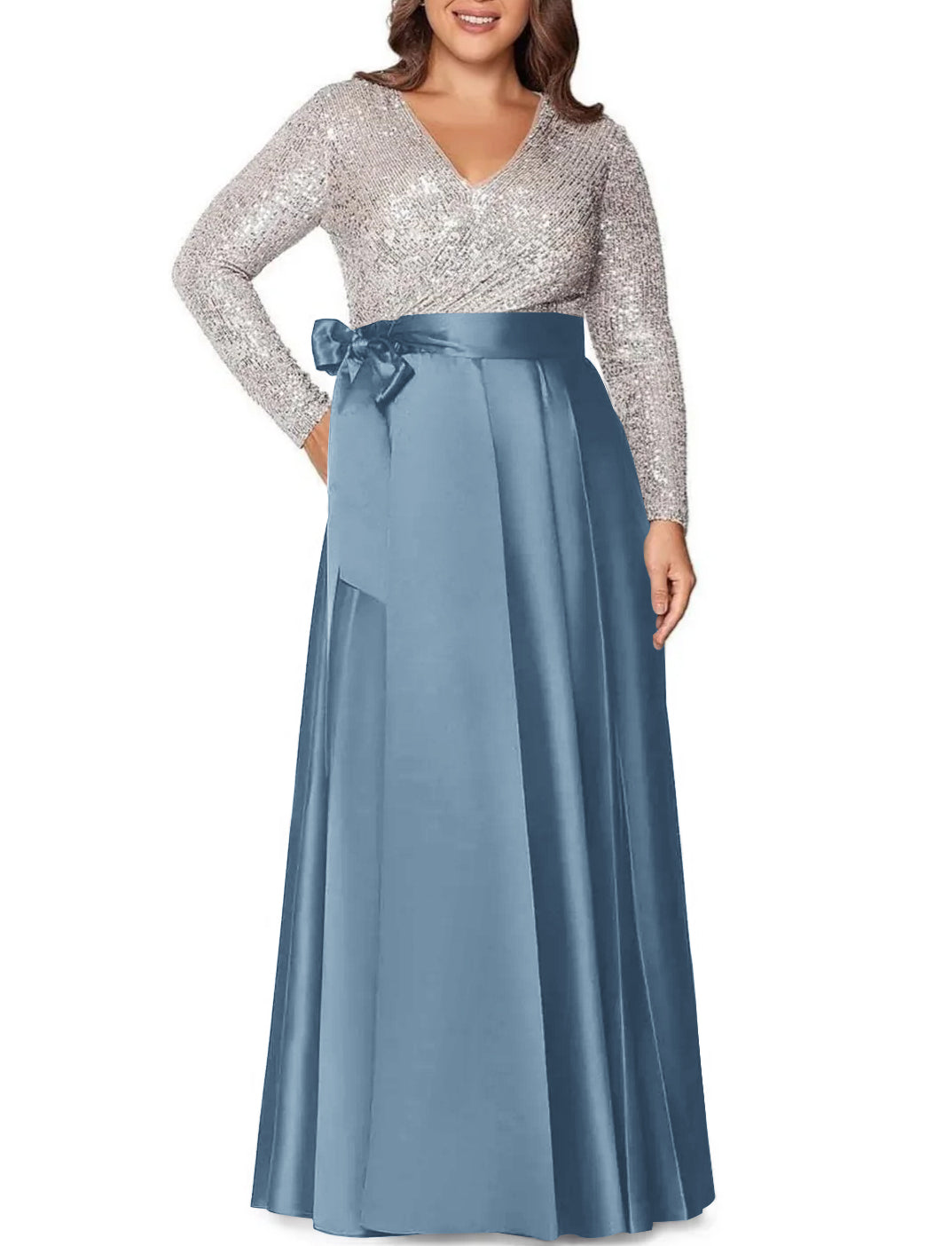A Line Princess V Neck Long Sleeves Floor Length Plus Size Mother Of The Bride Dresses With Pocket Sequins