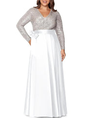 A Line Princess V Neck Long Sleeves Floor Length Plus Size Mother Of The Bride Dresses With Pocket Sequins
