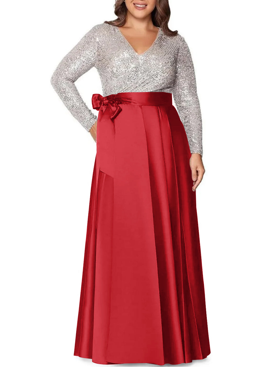A Line Princess V Neck Long Sleeves Floor Length Plus Size Mother Of The Bride Dresses With Pocket Sequins