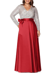 A Line Princess V Neck Long Sleeves Floor Length Plus Size Mother Of The Bride Dresses With Pocket Sequins