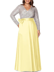 A Line Princess V Neck Long Sleeves Floor Length Plus Size Mother Of The Bride Dresses With Pocket Sequins