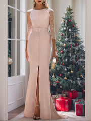 Trumpet Mermaid Scoop 3 4 Sleeves Sweep Brush Train Mother Of The Bride Dresses With Sash