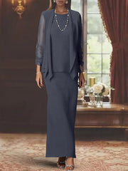 3 Piece Dress Set Sheath Column Scoop Neck Long Sleeves Floor Length Mother Of The Bride Dresses With Jacket
