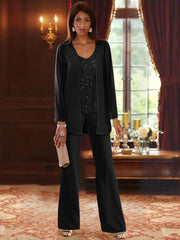 Chiffon V-Neck Floor-Length 3 Pieces Mother of the Bride Pantsuits with Jacket & Sequins Beading